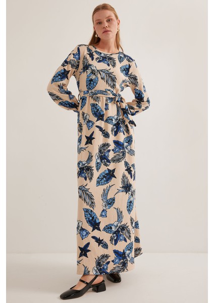 Kadın Mavi Krem Desenli Örme Tesettür Elbise 1525