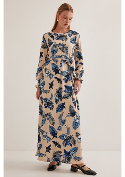 Kadın Mavi Krem Desenli Örme Tesettür Elbise 1525 fiyatları