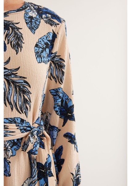 Kadın Mavi Krem Desenli Örme Tesettür Elbise 1525 modelleri