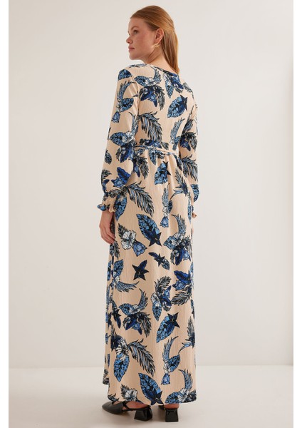 Kadın Mavi Krem Desenli Örme Tesettür Elbise 1525 fırsatları