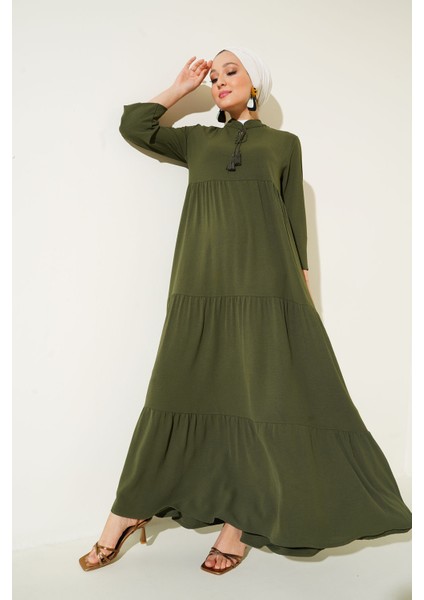 1627 Yaka Bağcıklı Tesettür Elbise - D.haki