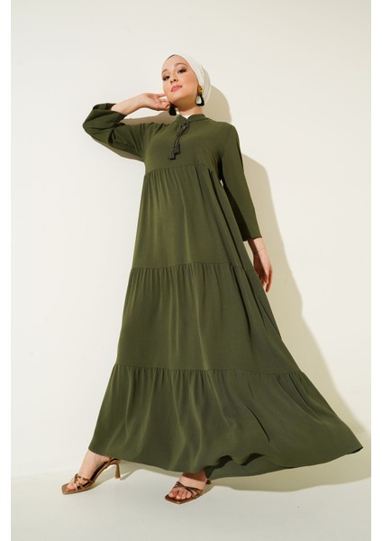 1627 Yaka Bağcıklı Tesettür Elbise - D.haki fiyatları