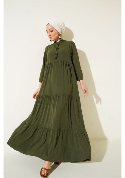 1627 Yaka Bağcıklı Tesettür Elbise - D.haki modelleri