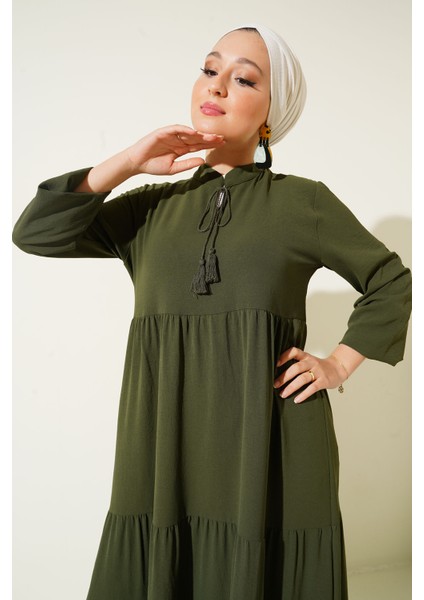 1627 Yaka Bağcıklı Tesettür Elbise - D.haki fırsatları