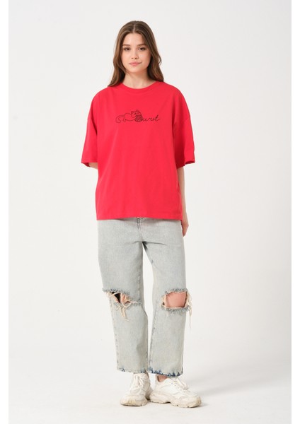 Owut Kadın Bisiklet Yaka Kedi Detay Baskılı Oversize T-Shirt