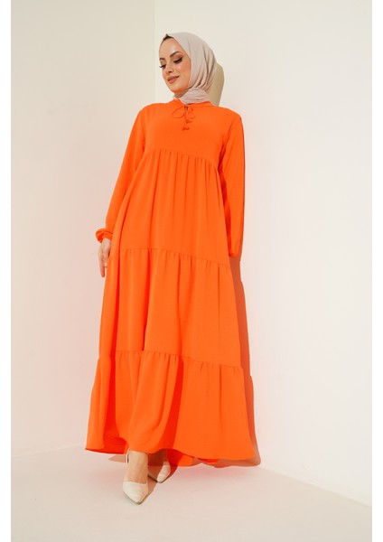 1627 Yaka Bağcıklı Tesettür Elbise - Oranje