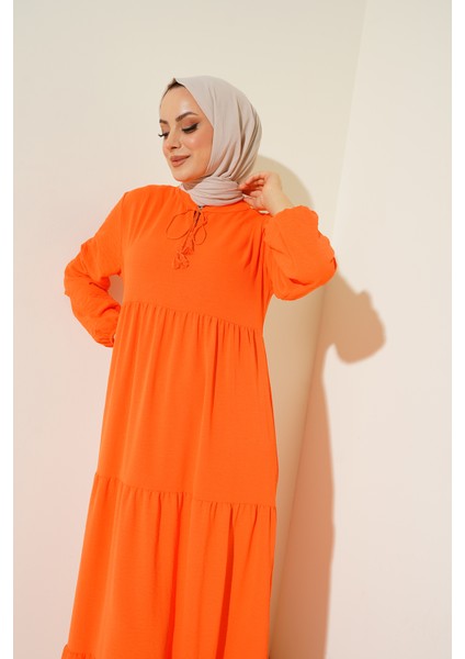 1627 Yaka Bağcıklı Tesettür Elbise - Oranje