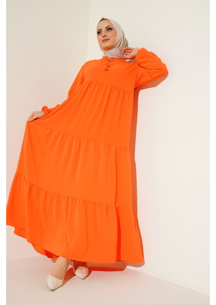 1627 Yaka Bağcıklı Tesettür Elbise - Oranje