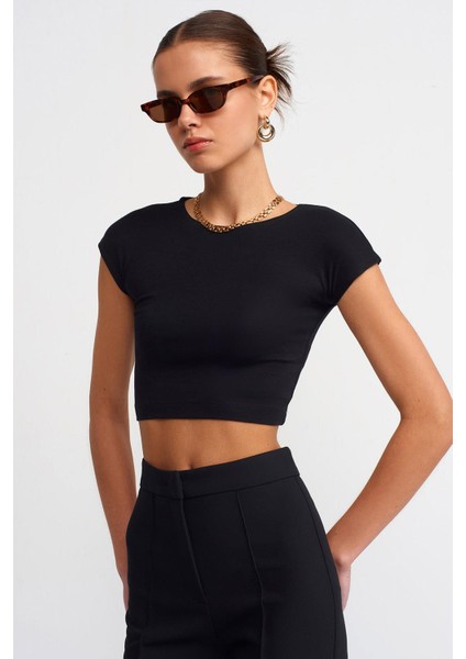 Kadın Siyah Bisiklet Yaka Düşük Kol Full Likra Ribana Crop Tişört