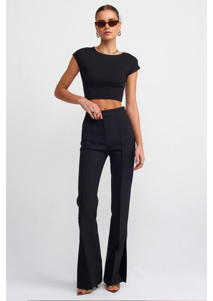 Kadın Siyah Bisiklet Yaka Düşük Kol Full Likra Ribana Crop Tişört modelleri