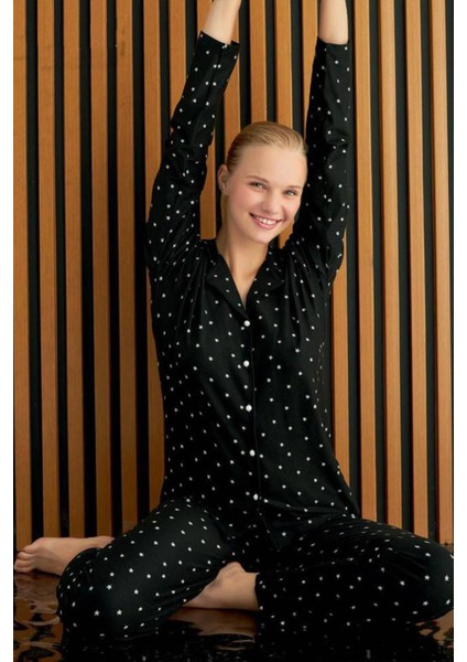 Kadın Önden Düğmeli Süet Siyah Pijama Takımı C5T6N6O0-11