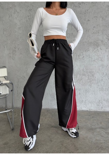 Siyah Paraşüt Pantolon Bordo Paça Detaylı High Quality Eşofman