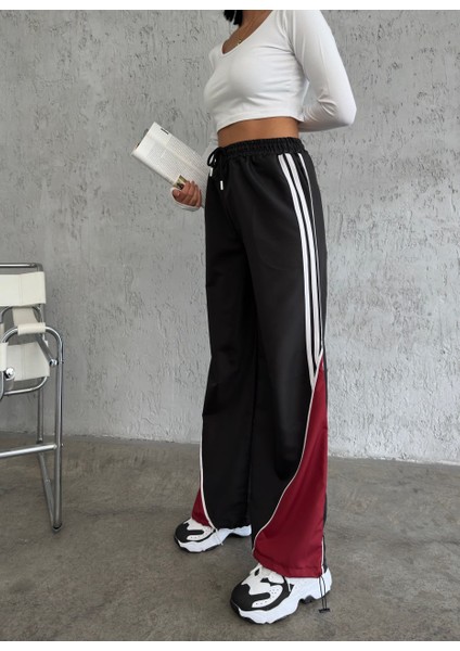 Siyah Paraşüt Pantolon Bordo Paça Detaylı High Quality Eşofman