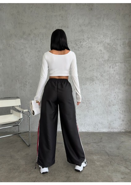 Siyah Paraşüt Pantolon Bordo Paça Detaylı High Quality Eşofman