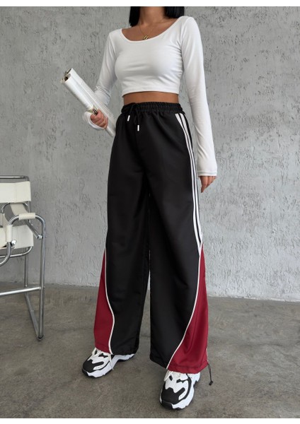 Siyah Paraşüt Pantolon Bordo Paça Detaylı High Quality Eşofman