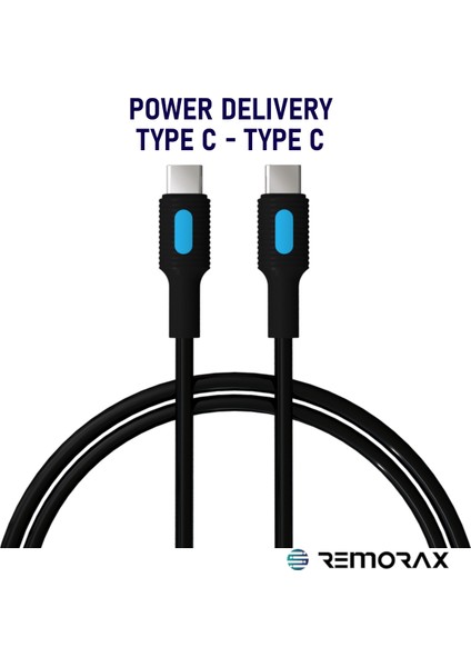 Coral Type C-C, 150 Cm, 60 Watt Power Delivery, Siyah Kablo + Mavi/Siyah Uçlar