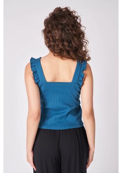 Kadın V Yaka Sıfır Kol Esnek Kumaştan Fırfırlı Bluz Petrol fırsatları