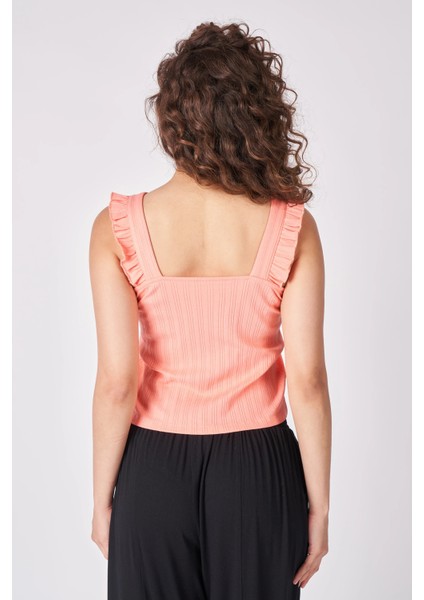 Kadın V Yaka Sıfır Kol Esnek Kumaştan Fırfırlı Bluz Mercan fırsatları