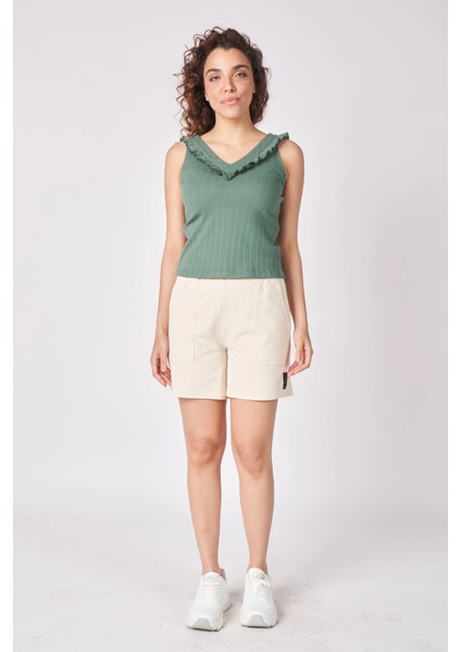 Kadın Dokulu Fırfırlı V Yaka Bluz