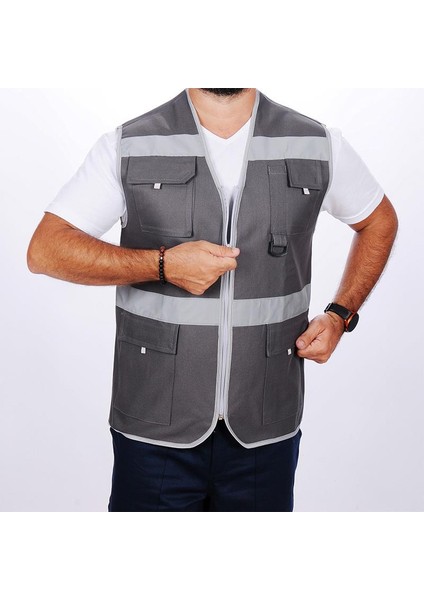 Işçi Çok Cepli Reflektörlü Alet Yeleği Gri