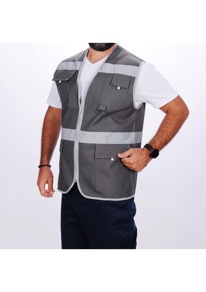 Işçi Çok Cepli Reflektörlü Alet Yeleği Gri