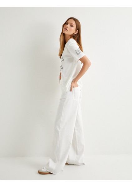 Düz Bol Paça Kot Pantolon Yüksek Bel Cepli Paçaları Kesik - Nora Longer Straight Jeans fiyatları