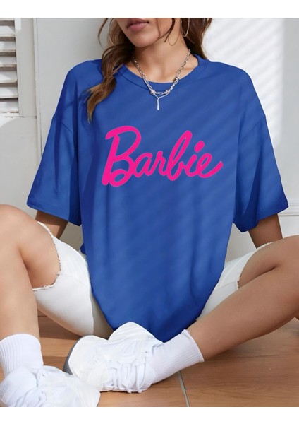 Oversize Barbie Baskılı Pamuklu Penye Kumaş Lacivert Tişört