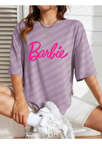 Oversize Barbie Baskılı Pamuklu Penye Kumaş Lila Tişört