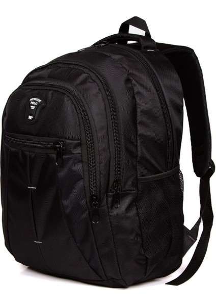 Erkek Siyah Dayanıklı Su Geçirmez Kumaş Fermuarlı Laptop Okul Spor ve Sırt Çantası (32X47CM) newpolo032