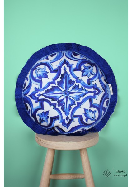 Saks Püsküllü, Etnik Çini Desenli Yuvarlak Kırlent ÇAP:43CM (Iç Dolgu Dahil)