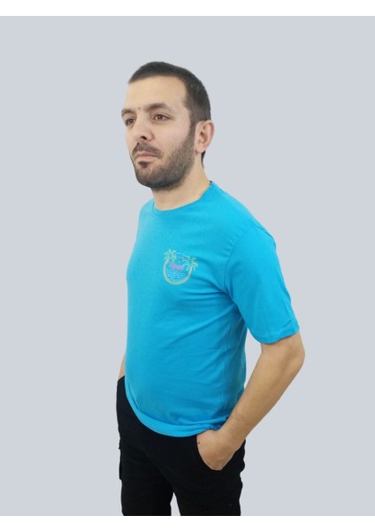 Erkek Hawaii Sıfır Yaka Basic Turkuaz Tişört fiyatları