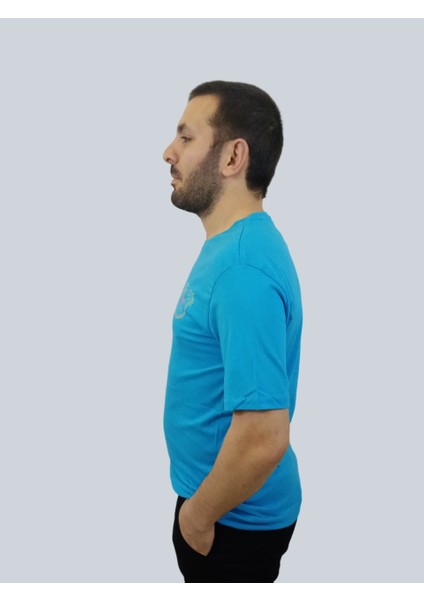Erkek Hawaii Sıfır Yaka Basic Turkuaz Tişört modelleri