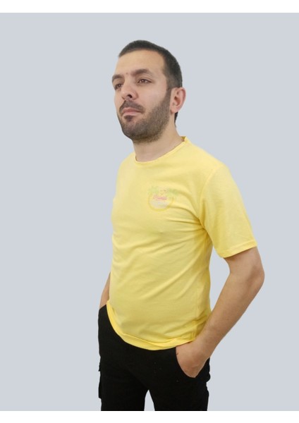 Erkek Hawaii Sıfır Yaka Basic Sarı Tişört