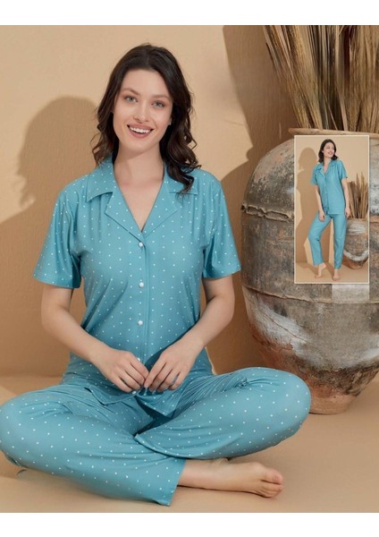 Kadın Milan Boydan Düğmeli Kısa Kol Su Yeşili Ince Pijama Takımı 11034 - 1 Adet