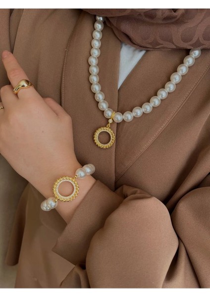 Dorika Model Uyumlu Incili Kolye ve Incili Bileklik Set 12MM