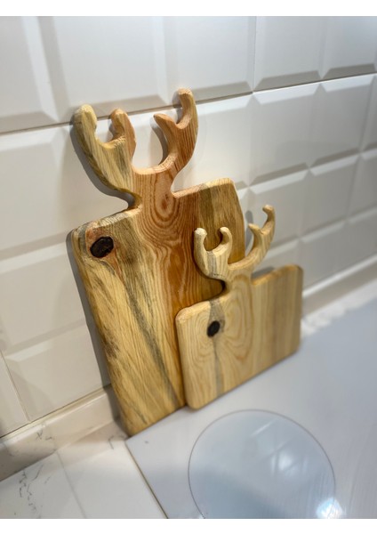 2.li Ahşap Kesme Sunum Tahtası Geyik Boynuz Desen
