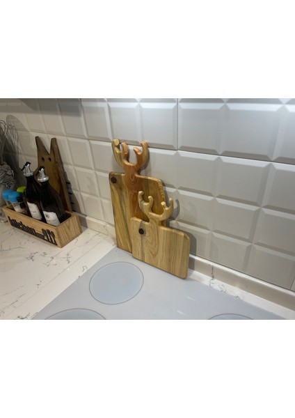 2.li Ahşap Kesme Sunum Tahtası Geyik Boynuz Desen indirimleri