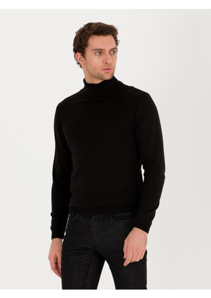 Erkek Siyah Slim Fit Balıkçı Yaka Basic Triko Kazak 50257385-VR046