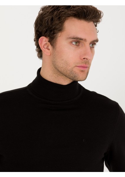 Erkek Siyah Slim Fit Balıkçı Yaka Basic Triko Kazak 50257385-VR046