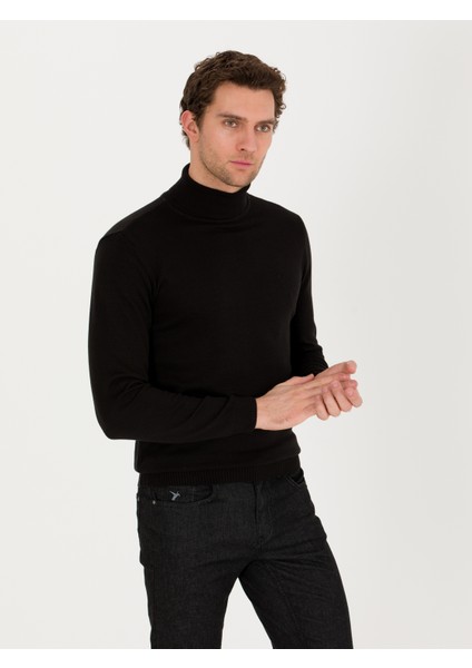 Erkek Siyah Slim Fit Balıkçı Yaka Basic Triko Kazak 50257385-VR046