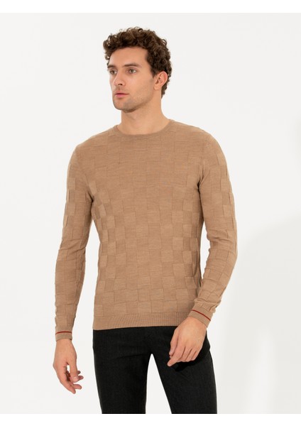 Erkek Camel Slim Fit Bisiklet Yaka Triko Kazak 50258883-VR015
