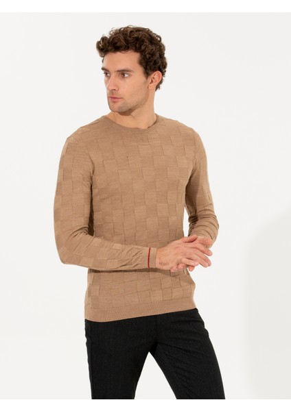 Erkek Camel Slim Fit Bisiklet Yaka Triko Kazak 50258883-VR015