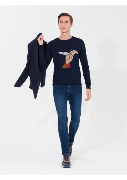 Erkek Lacivert Slim Fit Bisiklet Yaka Triko Kazak 50259632-VR033