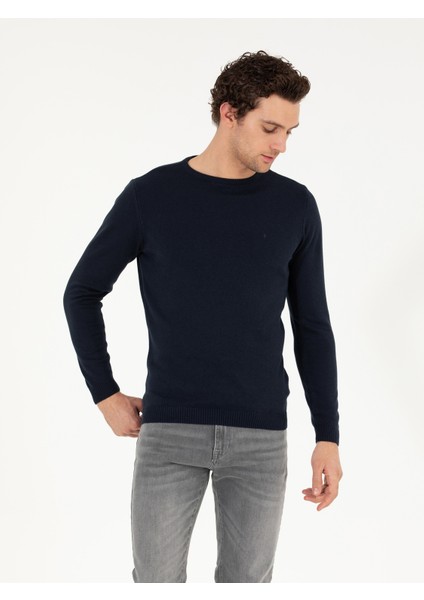 Erkek Lacivert Slim Fit Pamuk Karışımlı Bisiklet Yaka Basic Triko Kazak 50257379-VR033
