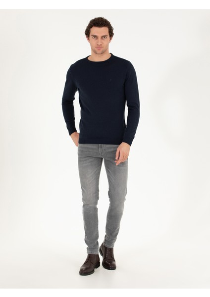 Erkek Lacivert Slim Fit Pamuk Karışımlı Bisiklet Yaka Basic Triko Kazak 50257379-VR033 indirimleri