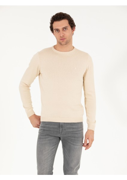 Erkek Bej Slim Fit Pamuk Karışımlı Bisiklet Yaka Basic Triko Kazak 50257379-VR011