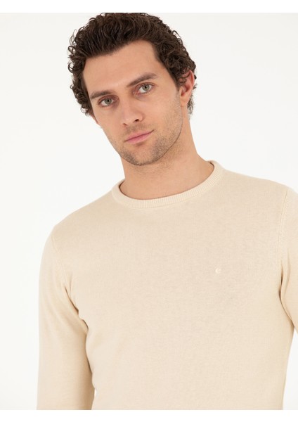 Erkek Bej Slim Fit Pamuk Karışımlı Bisiklet Yaka Basic Triko Kazak 50257379-VR011 fiyatları