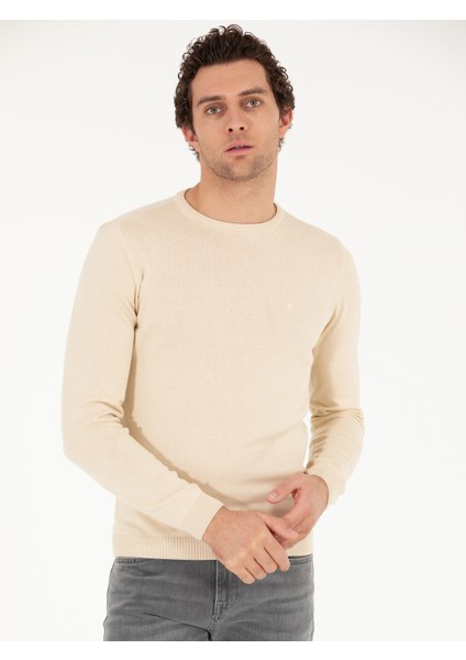 Erkek Bej Slim Fit Pamuk Karışımlı Bisiklet Yaka Basic Triko Kazak 50257379-VR011 modelleri
