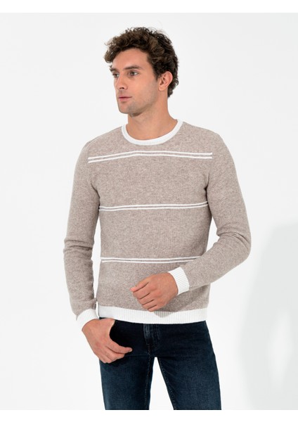 Erkek Bej Slim Fit Bisiklet Yaka Triko Kazak 50258829-VR011