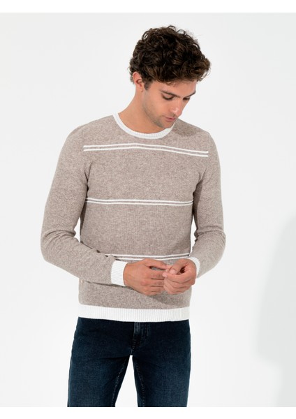 Erkek Bej Slim Fit Bisiklet Yaka Triko Kazak 50258829-VR011